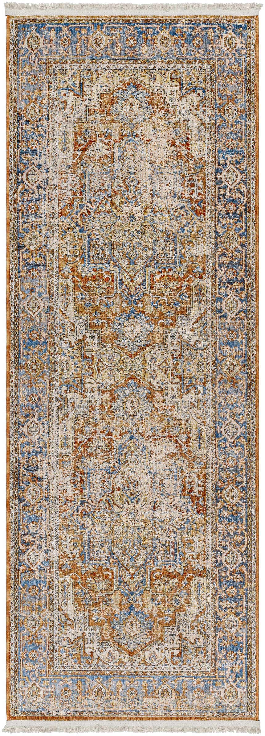 Detailed view of the Basim Area Rug, featuring a traditional pattern in bone, charcoal, copper, and rust tones. Design-Runner-2108