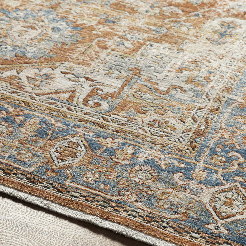 Close up of the Basim Area Rug showing its bone, copper, and blue traditional pattern and soft texture. Texture