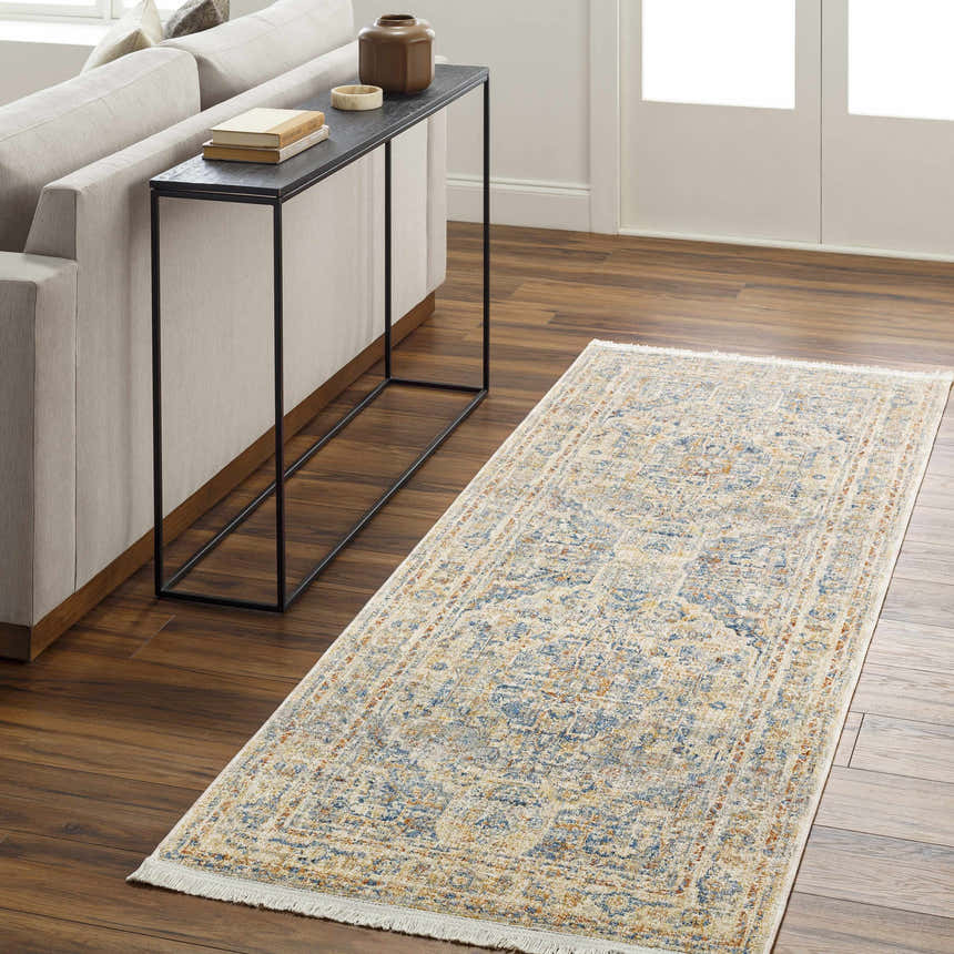 Entryway with Bora Area Rug runner in camel, copper, and blue. Farmhouse style with a console table and neutral sofa. Roomscene-Runner