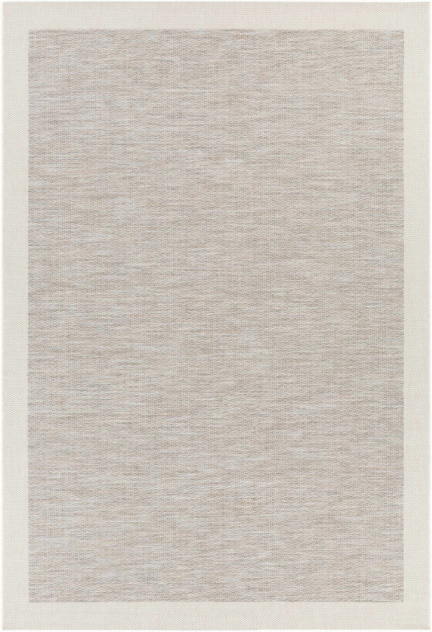 Close-up of the Escalon Area Rug, a cream and taupe polypropylene rug with a solid and striped contemporary design. Design-Rectangle-7111011