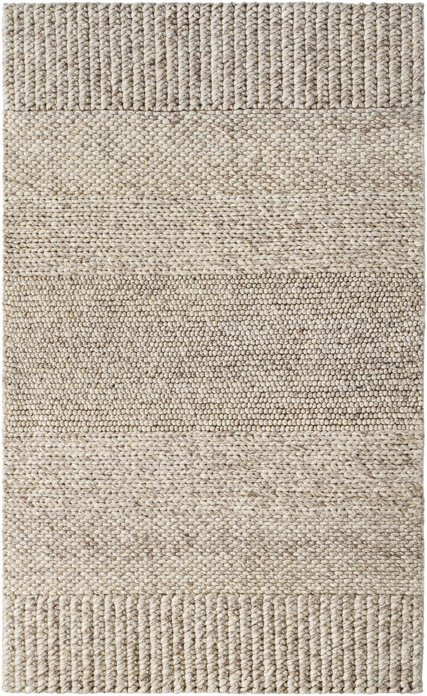 Close up of the hand woven Nimai Beige Wool Area Rug featuring a textured, chunky knit design. Design-Rectangle-576