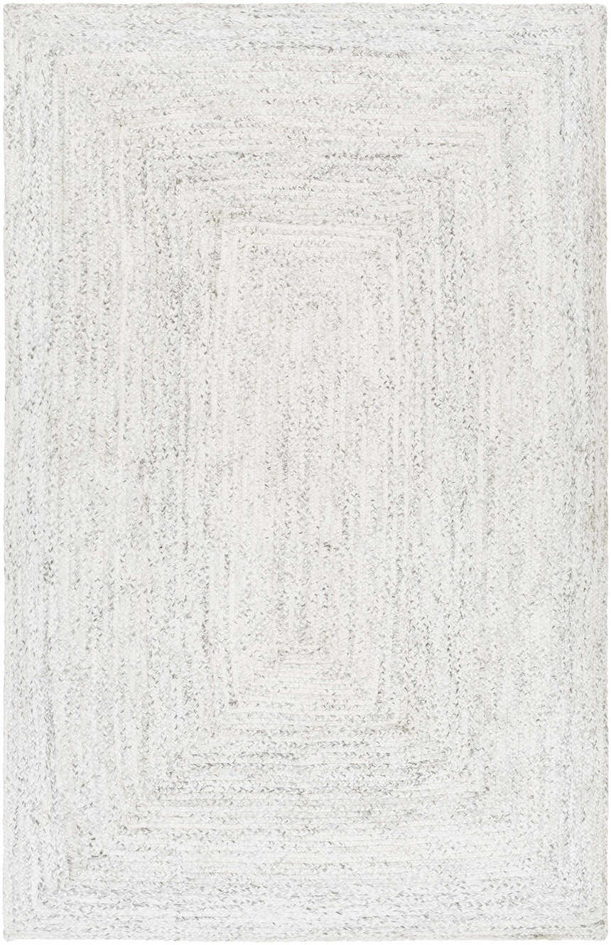 Close-up of the hand woven Kenyi Rose Cream Area Rug, featuring a subtle beige and gray braided texture. Design-Rectangle-576