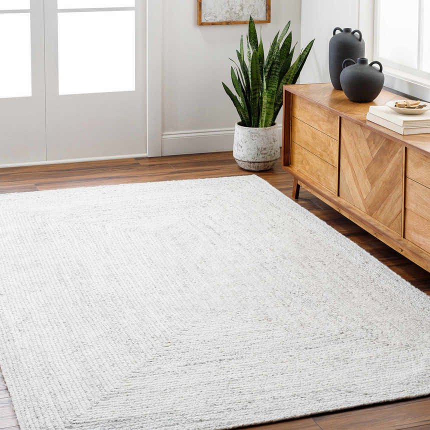 Living room scene with a light beige Kenyi Rose Cream Area Rug, wood floors, console table, and snake plant. Roomscene-Rectangle