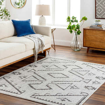 Living room scene with a cloud gray Cort Tribal Area Rug, cream sofa, and wood accents. Roomscene-Rectangle