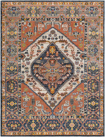 Detailed Femi Area Rug in bone, dark brown, and faded driftwood. Traditional farmhouse style with intricate floral and geometric patterns. Design-Rectangle-537