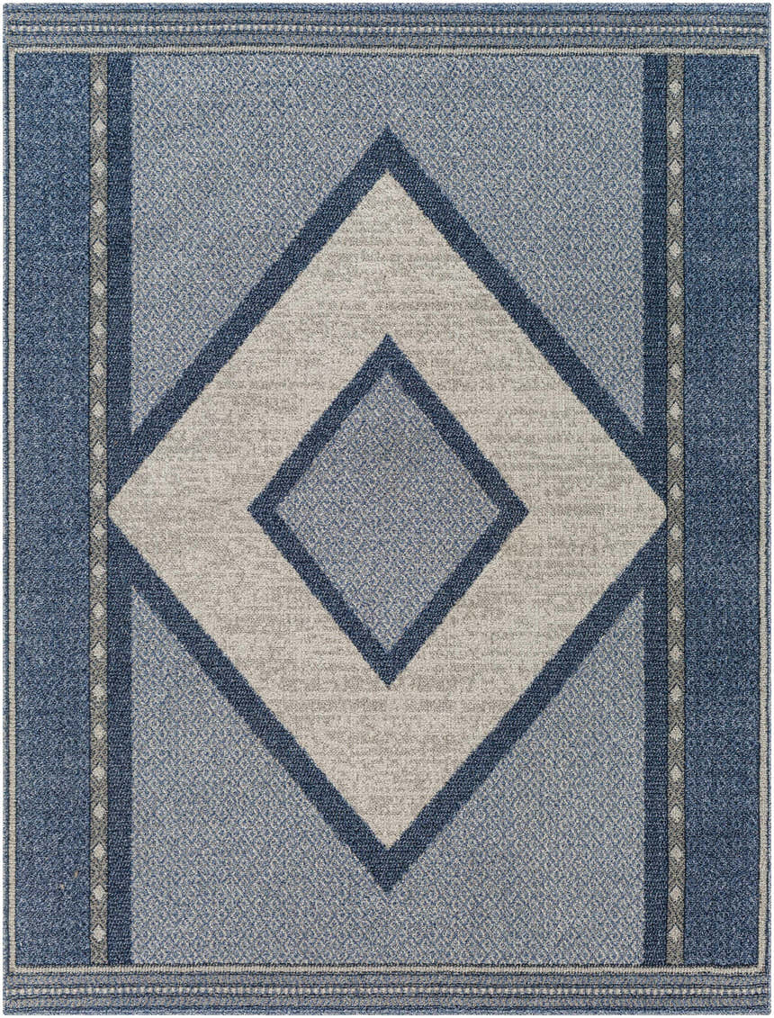 Close-up of the Onan Area Rug. Arctic sky, gray, and silver diamonds create a Southwestern pattern. Machine woven texture. Design-Rectangle-537