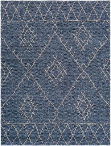 Close-up of the Razo Area Rug in denim and thatch, featuring a geometric diamond pattern. Design-Rectangle-537