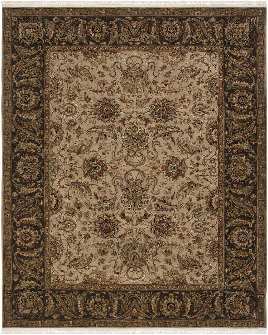 Necia Beige Damask Area Rug. Hand-knotted wool rug with cream, brown, olive, and tan floral pattern and dark brown border. Design-Rectangle
