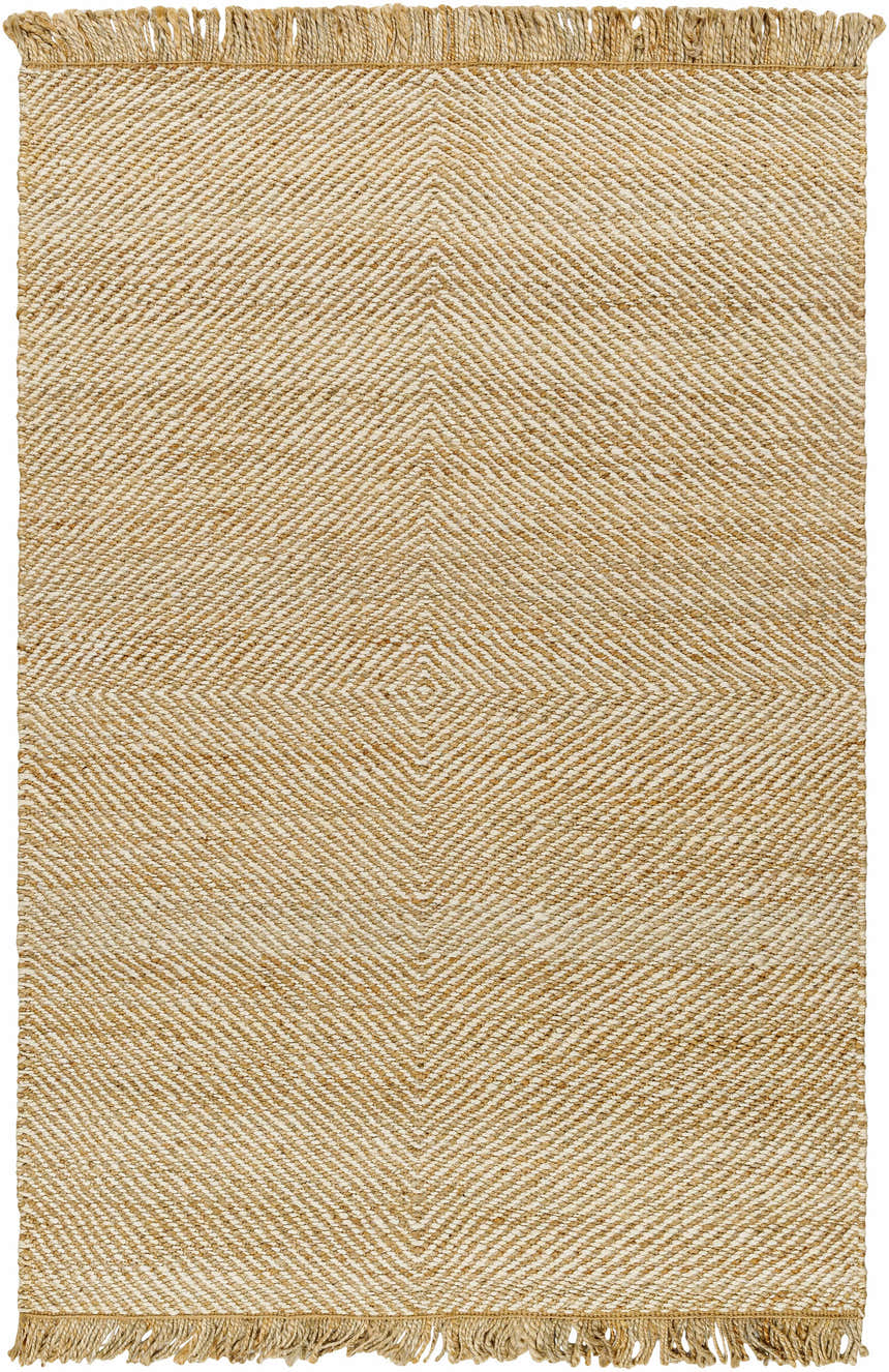 Hand woven Kaiko Area Rug, a jute rug with a geometric diamond pattern and fringed edges. Design-Rectangle-576