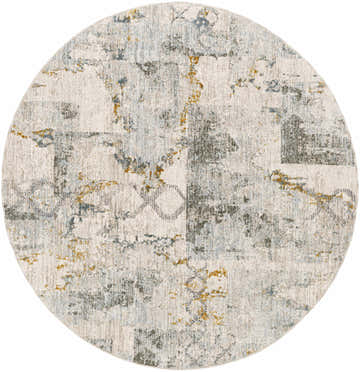 Round Adlai Textured Rug with Fringes. Abstract pattern in off white, gray, blue, and mustard. Contemporary style. Design-Round-53