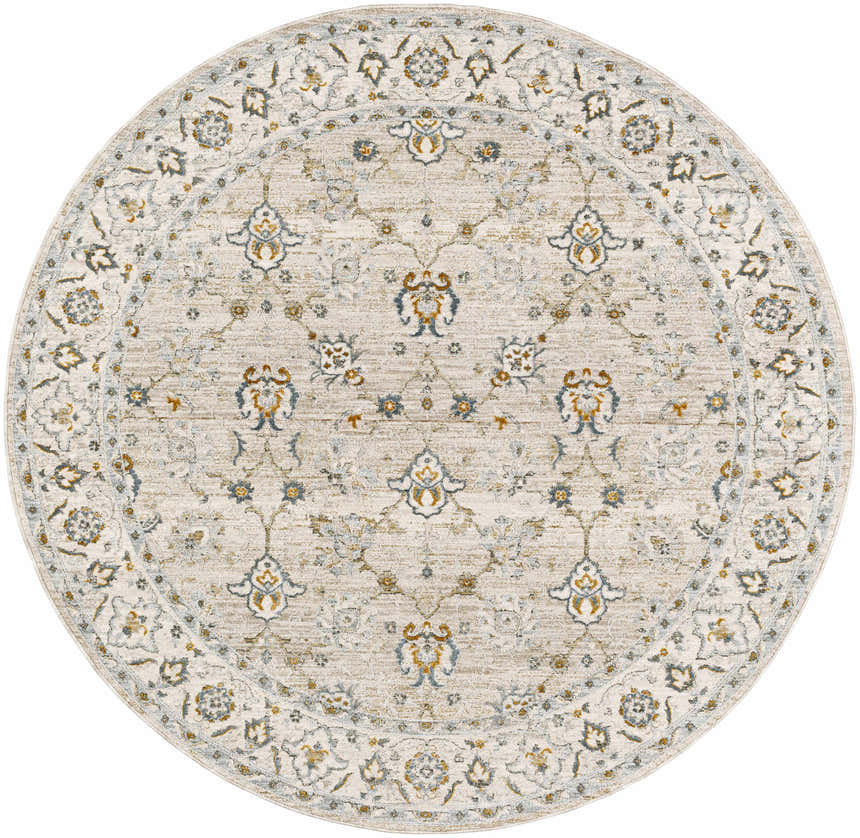Close-up of a round Amaru Cream & Sage Textured Rug. Features a traditional floral pattern with sage, cream, and mustard hues. Design-Round-53
