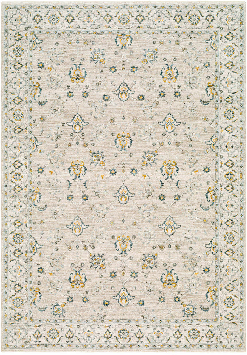 Close-up of Amaru Cream & Sage Textured Rug. Traditional floral pattern in cream, sage, teal, and mustard colors. Design-Rectangle-575