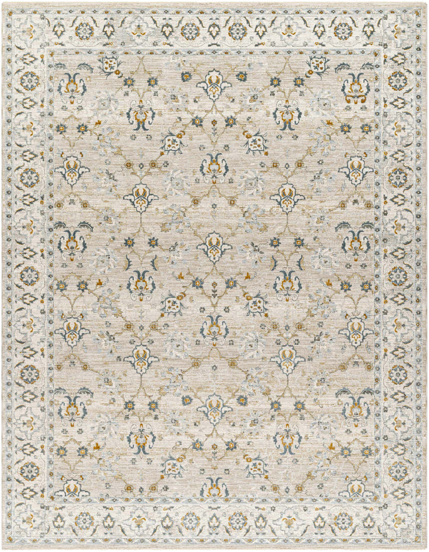 Close-up of Amaru Cream & Sage Textured Rug. Features farmhouse style floral pattern in cream, sage, and mustard tones. Design-Rectangle-710103