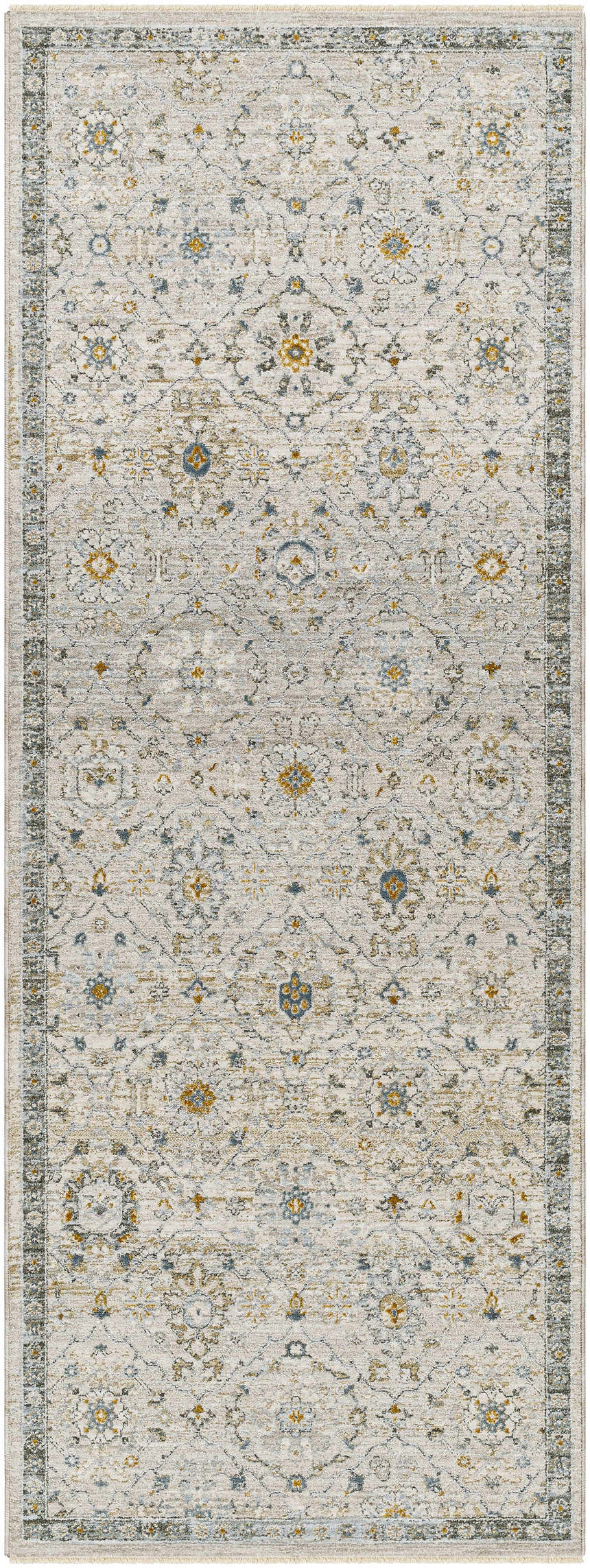 Close-up of Annie Cream Textured Rug with Fringes. Features a traditional floral pattern in cream, gold, and blue tones. Design-Runner-2773
