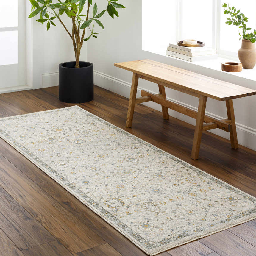 Entryway with Annie Cream Textured Rug runner, wood bench, potted plant, and natural light. Roomscene-Runner
