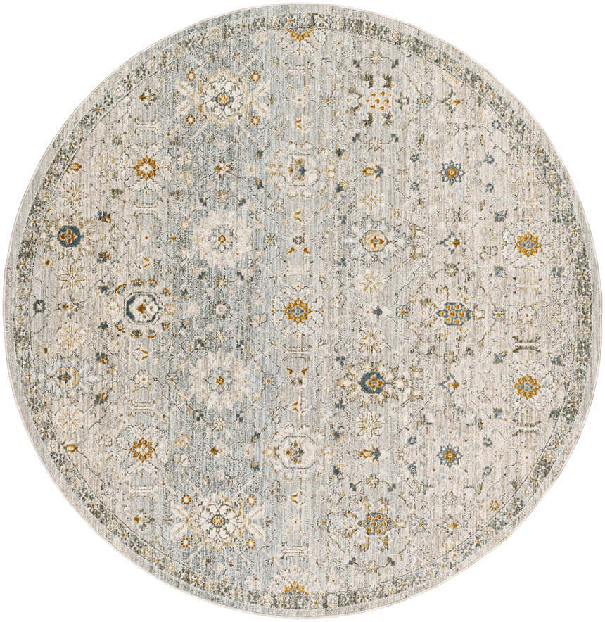 Round Annie Green Textured Rug with floral pattern in light blue, gold, and cream. Farmhouse style. Design-Round-53