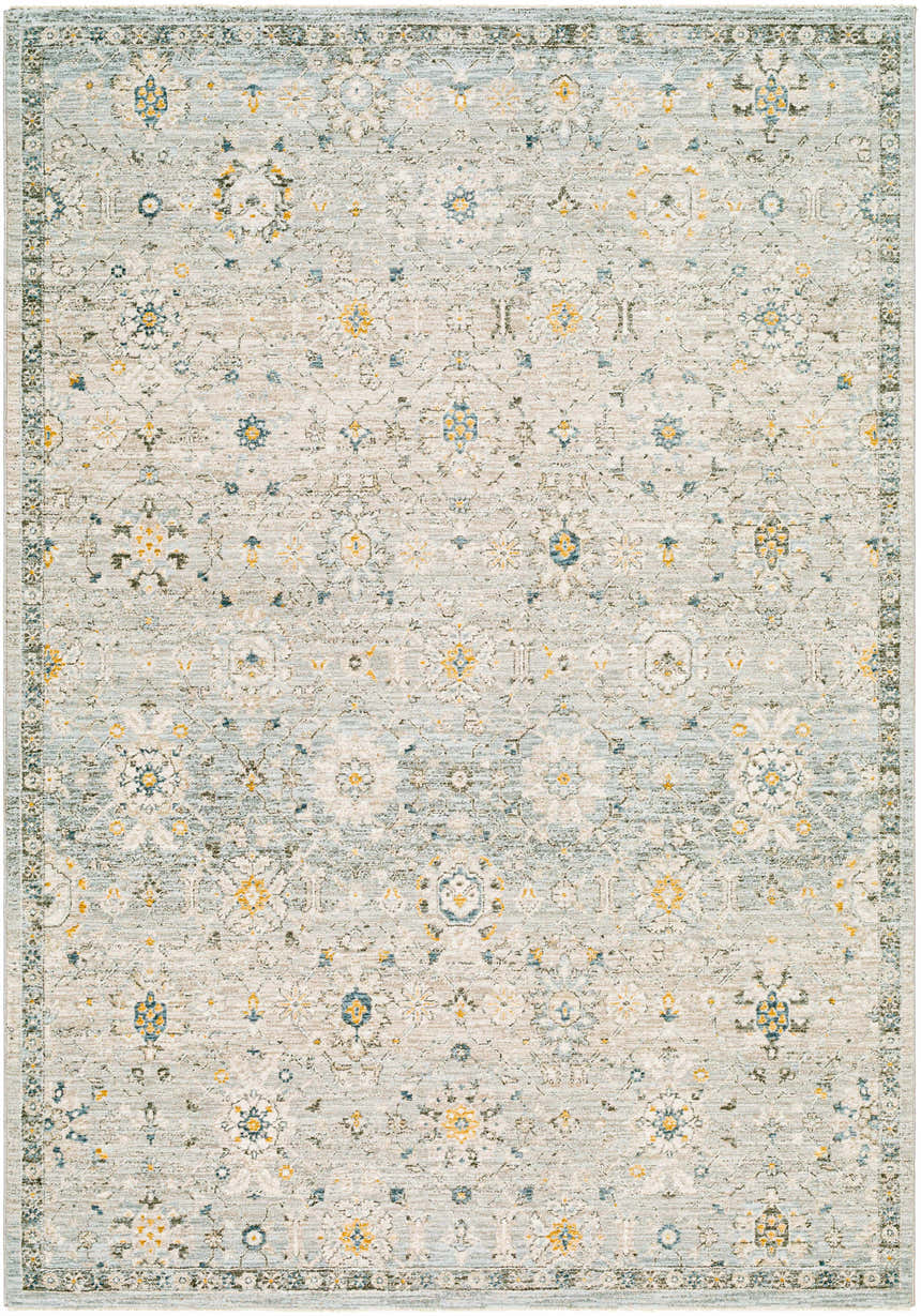 Textured Annie Green Rug with floral pattern. Farmhouse style rug in light blue, yellow and ivory. Design-Rectangle-575
