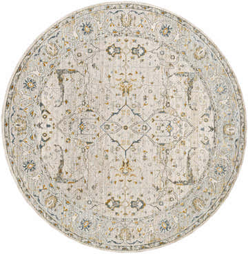 Round Aviva Off-White Textured Rug with Fringes. Traditional style rug with dusty sage, light gray, and mustard floral pattern. Design-Round-53