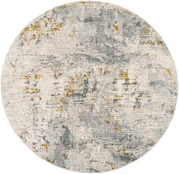 Round Chaya Textured Abstract Rug with Fringes. Colors include dusty sage, ink blue, mustard, and off white. Contemporary style. Design-Round-53