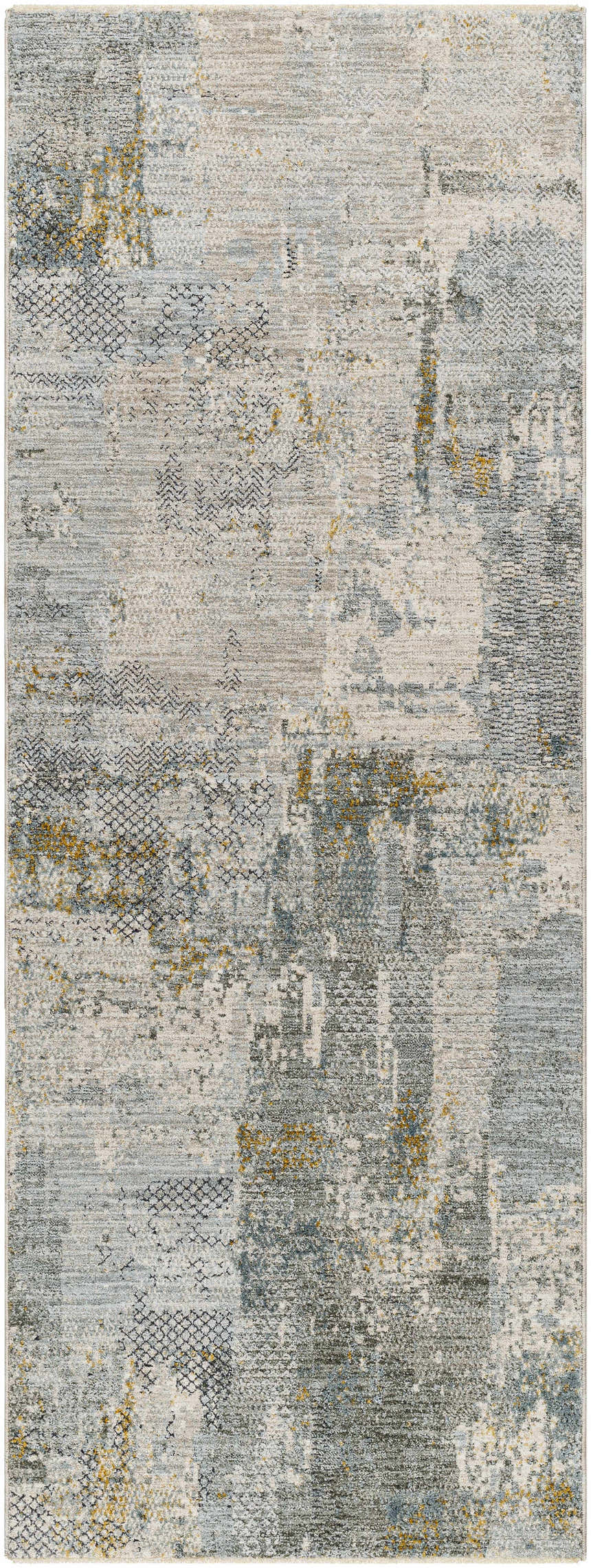 Close-up of the Elina Textured Abstract Rug. Colors include dusty sage, ink blue, light gray, and mustard. Design-Runner-2773