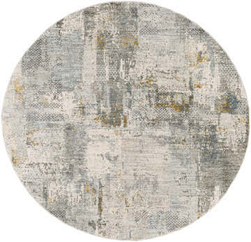Close-up of round Elina Textured Abstract Rug. Features dusty sage, ink blue, gray, mustard, and off-white hues. Design-Round-53