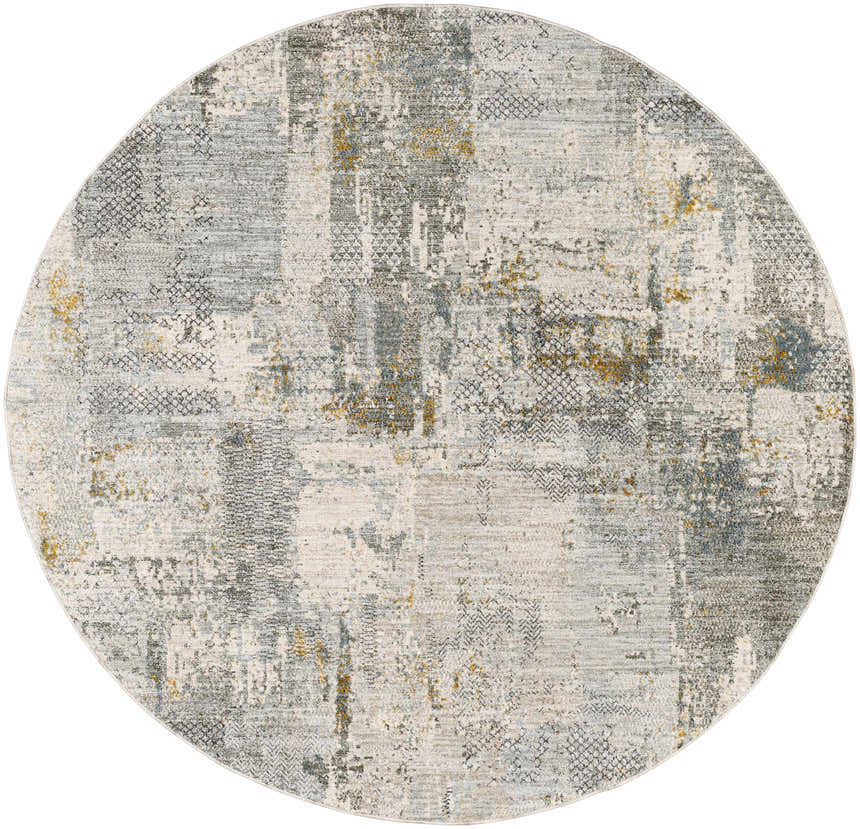 Close-up of round Elina Textured Abstract Rug. Features dusty sage, ink blue, gray, mustard, and off-white hues. Design-Round-53