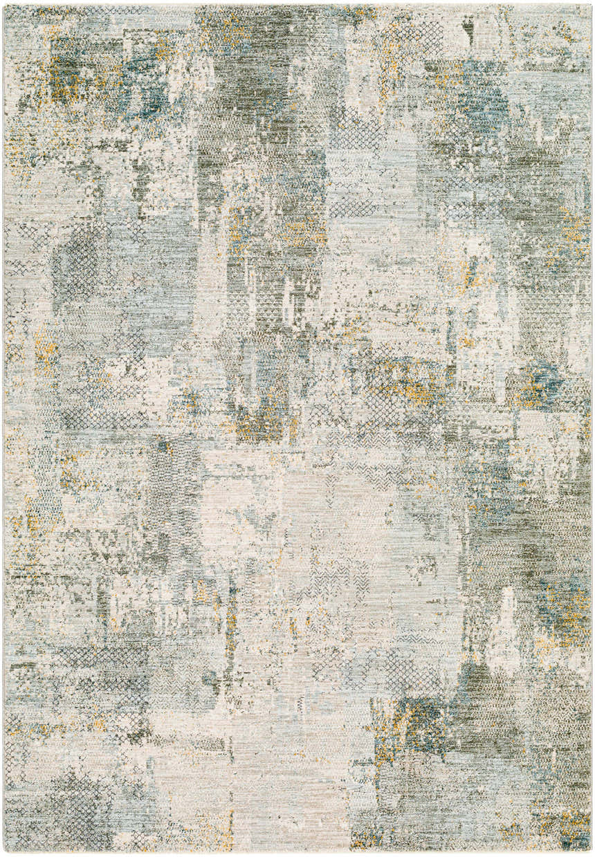 Close-up of the Elina Textured Abstract Rug. Features dusty sage, ink blue, light gray, and mustard hues in a contemporary design. Design-Rectangle-575