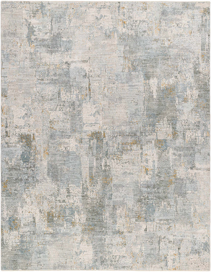 Close-up of the Elina Textured Abstract Rug. Features dusty sage, ink blue, light gray, and mustard colors. Design-Rectangle-710103