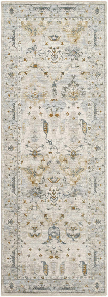 Close-up of the Emile Textured Rug. Traditional floral pattern in dusty sage, light gray, mustard, and off-white hues. Design-Runner-2773