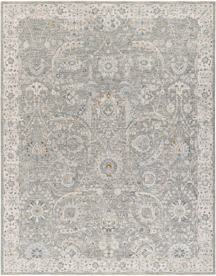 Close-up of the Gauge Gray Blue Textured Rug. Farmhouse style rug with gray, blue, and brown floral pattern. Design-Rectangle-710103