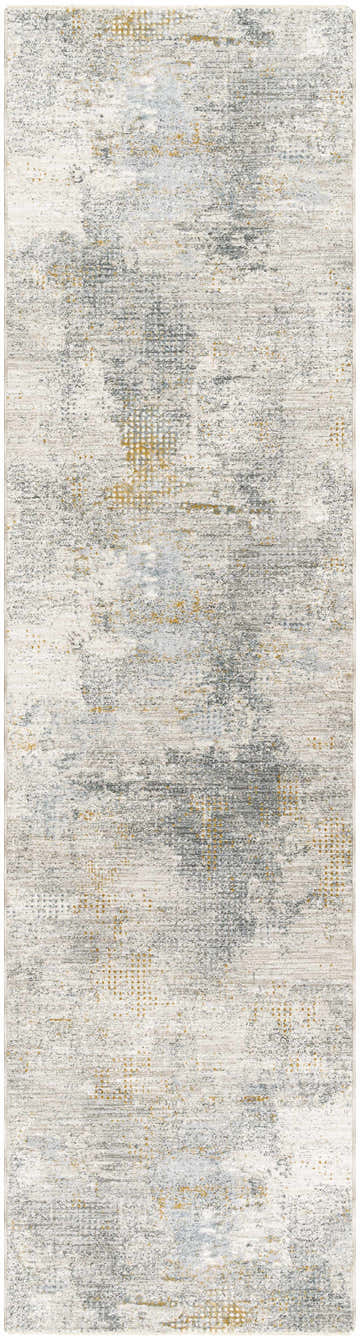 Close-up of the Gryta Textured Rug. Abstract design in dark gray, light gray, and nutmeg hues. Contemporary style. Design-Runner-2710