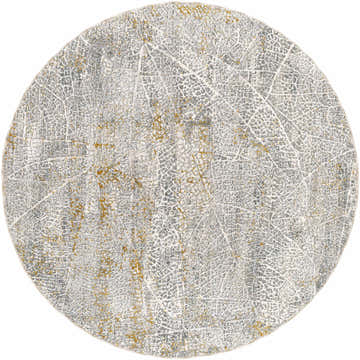 Close-up of round Mila Textured Rug. Features a crackled, abstract design in cloud gray, light gray, and gold tones. Design-Round-53