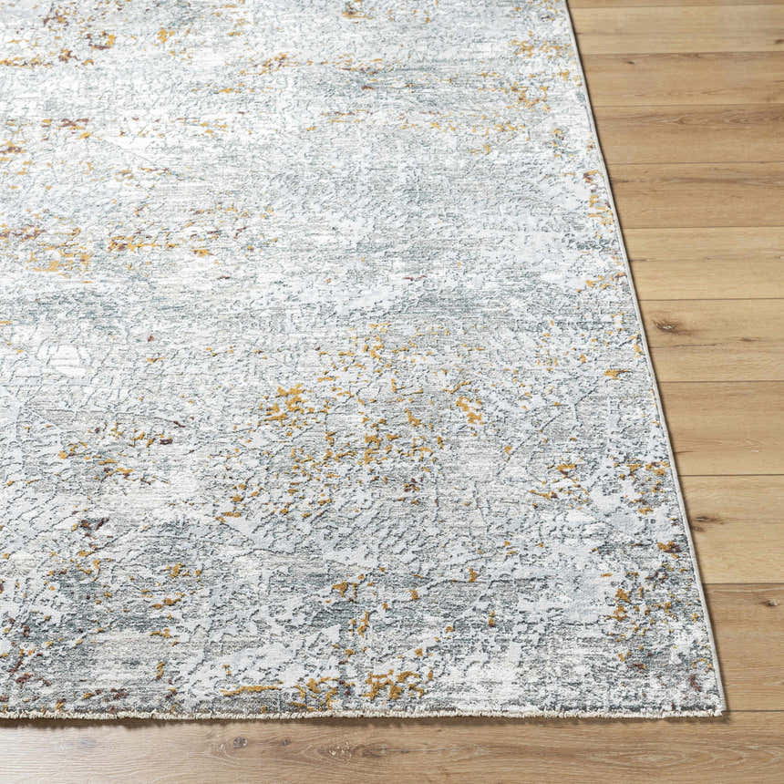 Close-up of Moke Textured Rug with Fringes. Abstract design in gray, white, and gold tones on a wood floor. Front