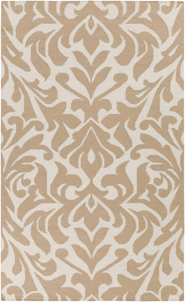 Close-up of the Searles Area Rug, a hand-woven wool runner with a contemporary ivory and tan floral damask pattern. Design-Rectangle-58