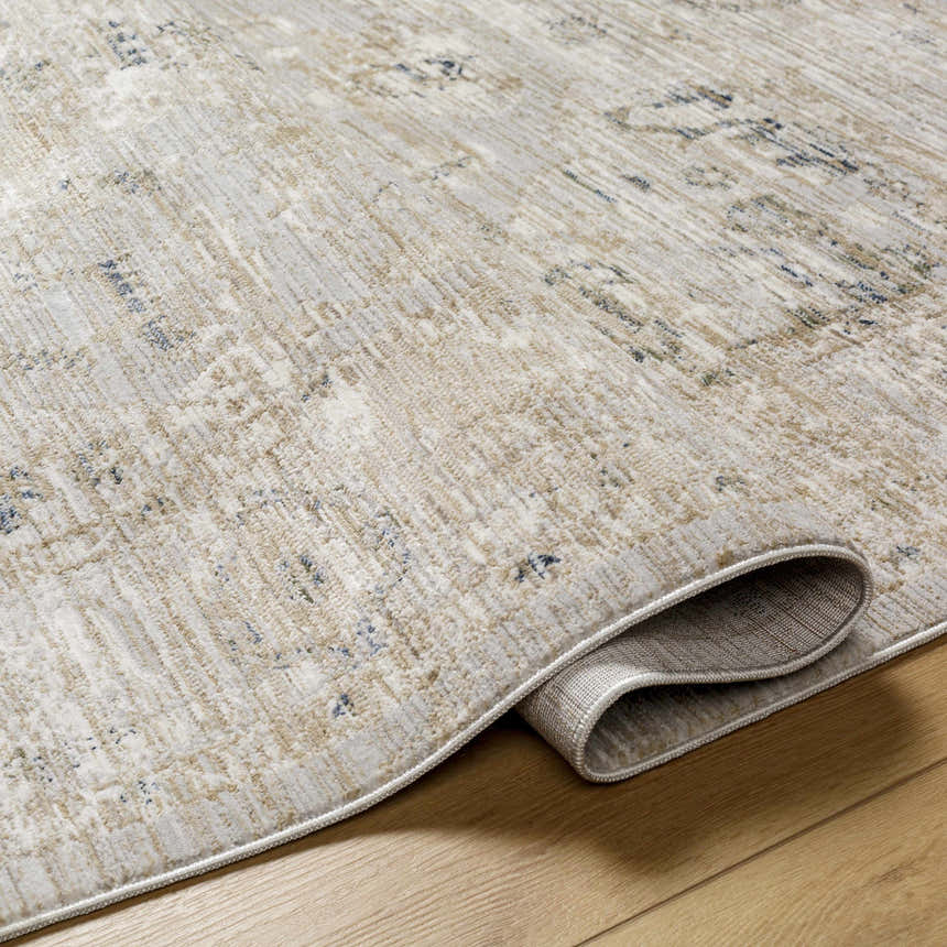 Close-up of the Gioia Area Rug showing its beige, bone, and blue traditional pattern and machine woven texture. Fold