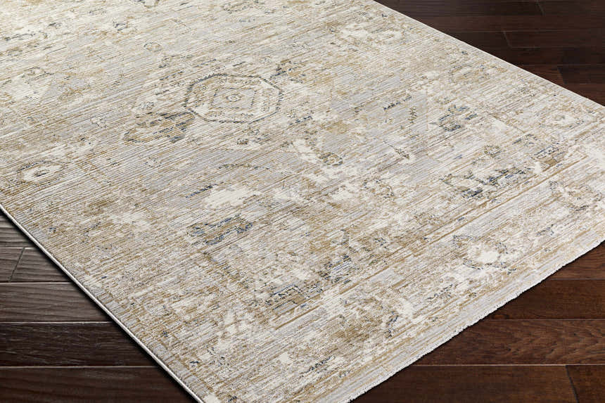 Close-up of the Gioia Area Rug. Beige and bone farmhouse style rug with a traditional, distressed pattern. Corner