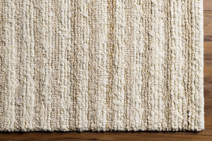 Close up of the Anaya Beige Area Rug showing its woven texture and neutral color palette. Corner
