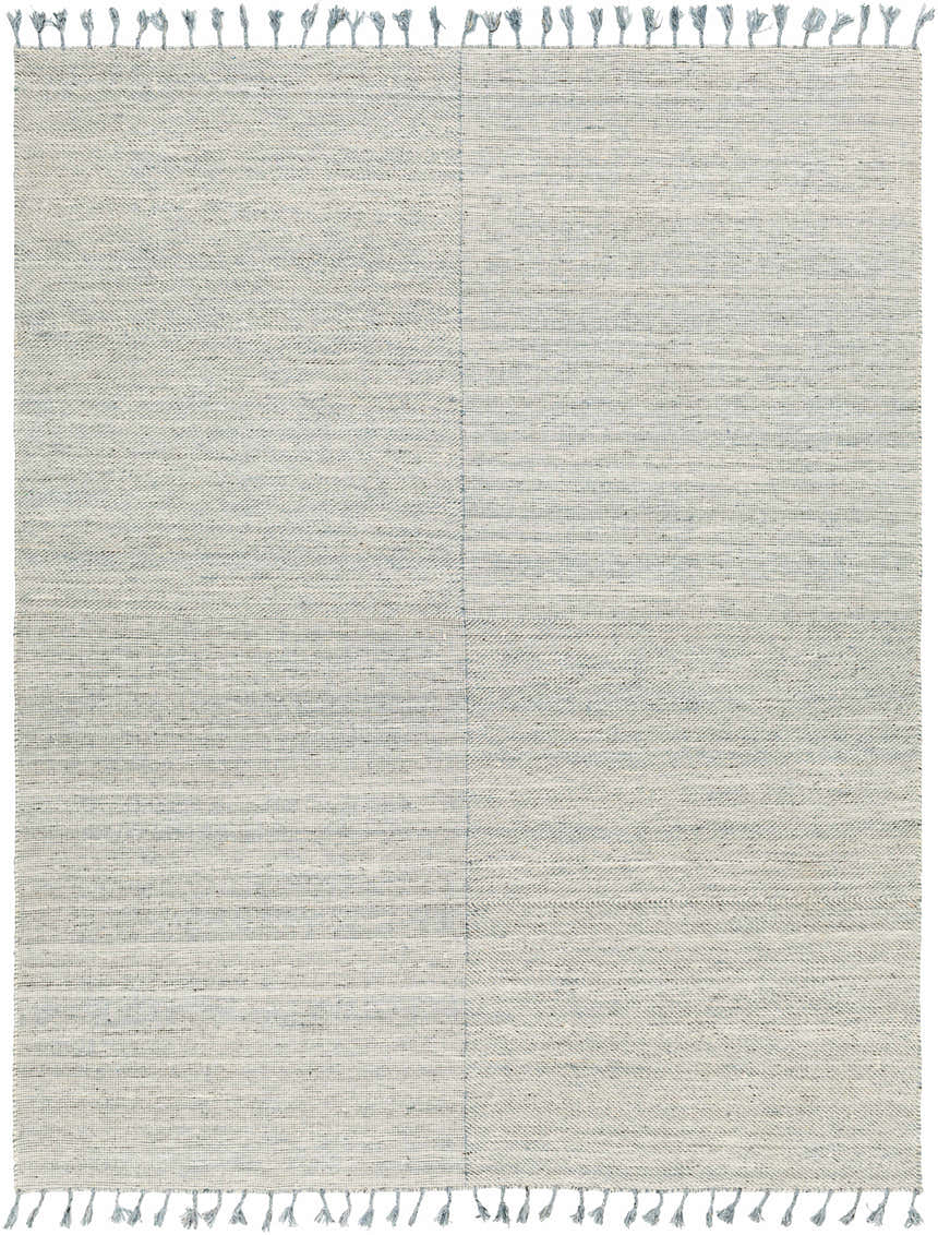Close-up of the hand-woven Anaya Cream & Blue Area Rug, featuring a subtle horizontal stripe pattern and blue tassels. Design-Rectangle-810