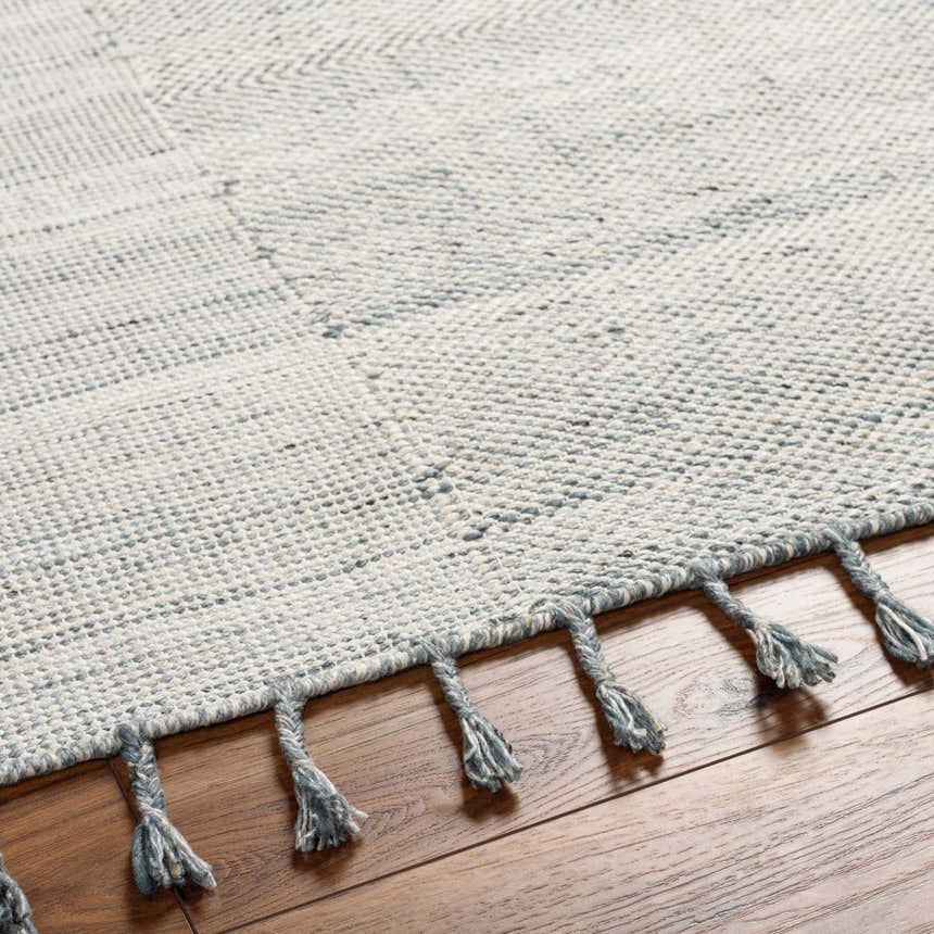 Close-up of the hand woven Anaya Cream & Blue Area Rug showing texture and braided tassels on a wood floor. Texture