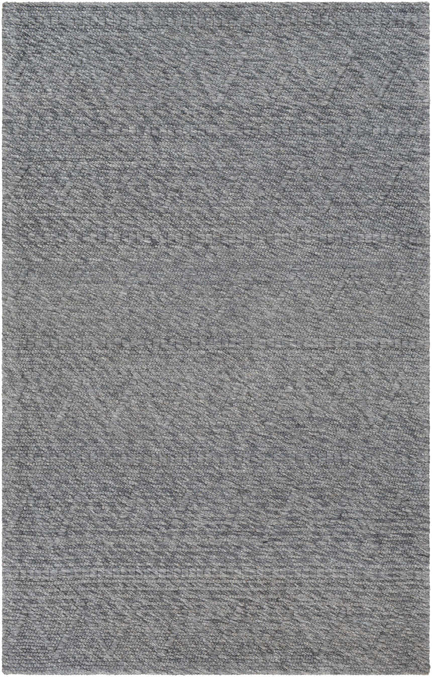Close-up of the hand woven Kyung Dark Gray Area Rug, featuring a subtle geometric pattern and textured gray wool and nylon blend. Design-Rectangle-576