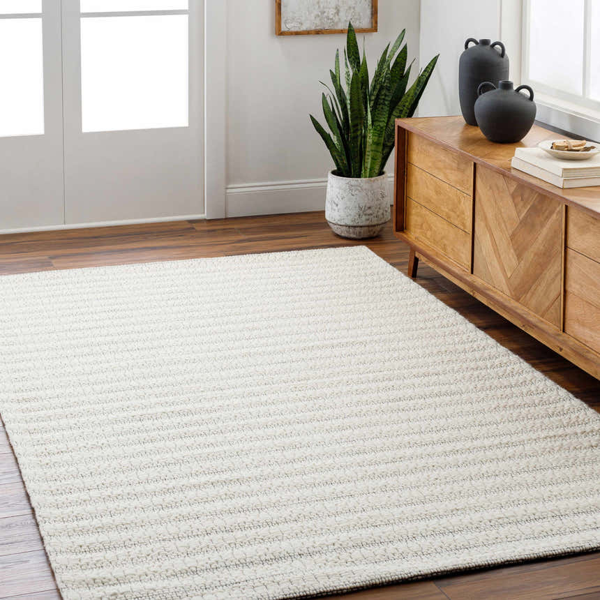 Entryway with wood floors and a Laleh Cream Area Rug, light wood cabinet, and potted snake plant. Roomscene-Rectangle