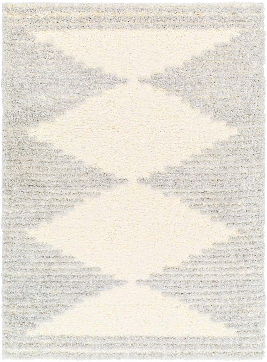 Close-up of Bayan Gray Plush Area Rug featuring a geometric diamond pattern in beige and gray shag texture. Design-Rectangle-537