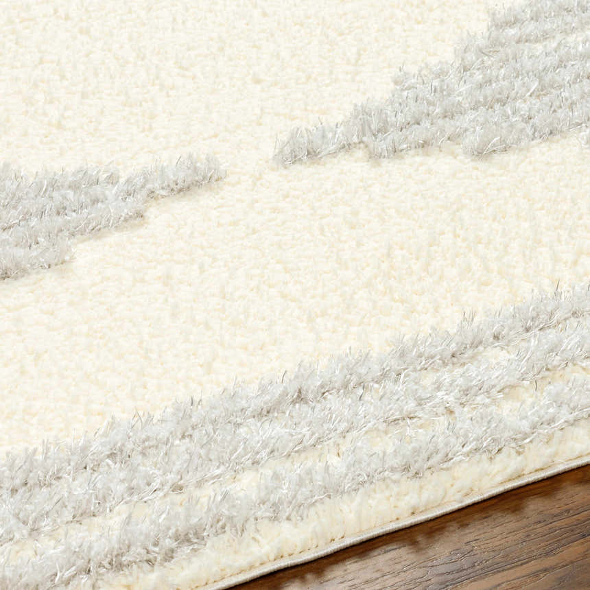 Close-up of the Bayan Gray Plush Area Rug showing the shag texture and geometric beige and gray pattern. Texture