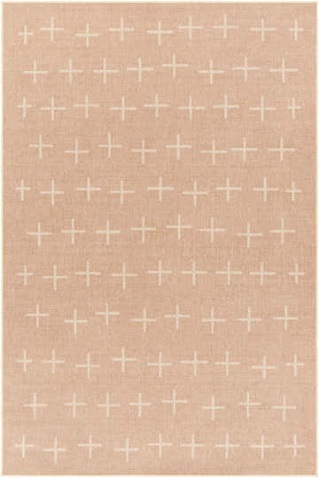 Close-up of the Haimi Washable Area Rug. Beige rug with a repeating white plus sign pattern and a subtle woven texture. Design-Rectangle-58