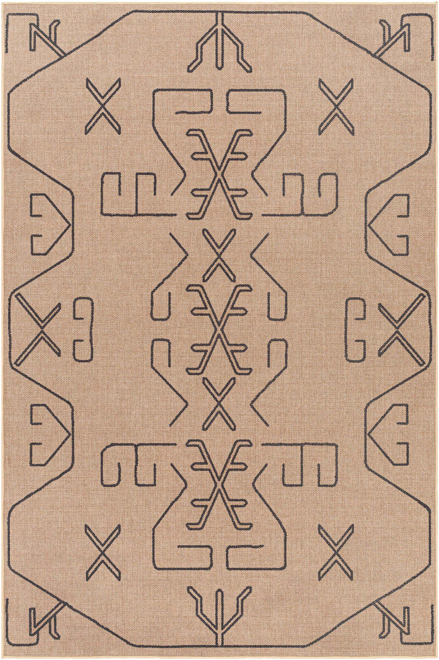 Close-up of the Hamid Washable Jutely Rug in camel with a dark brown geometric pattern. Farmhouse style. Design-Rectangle-58