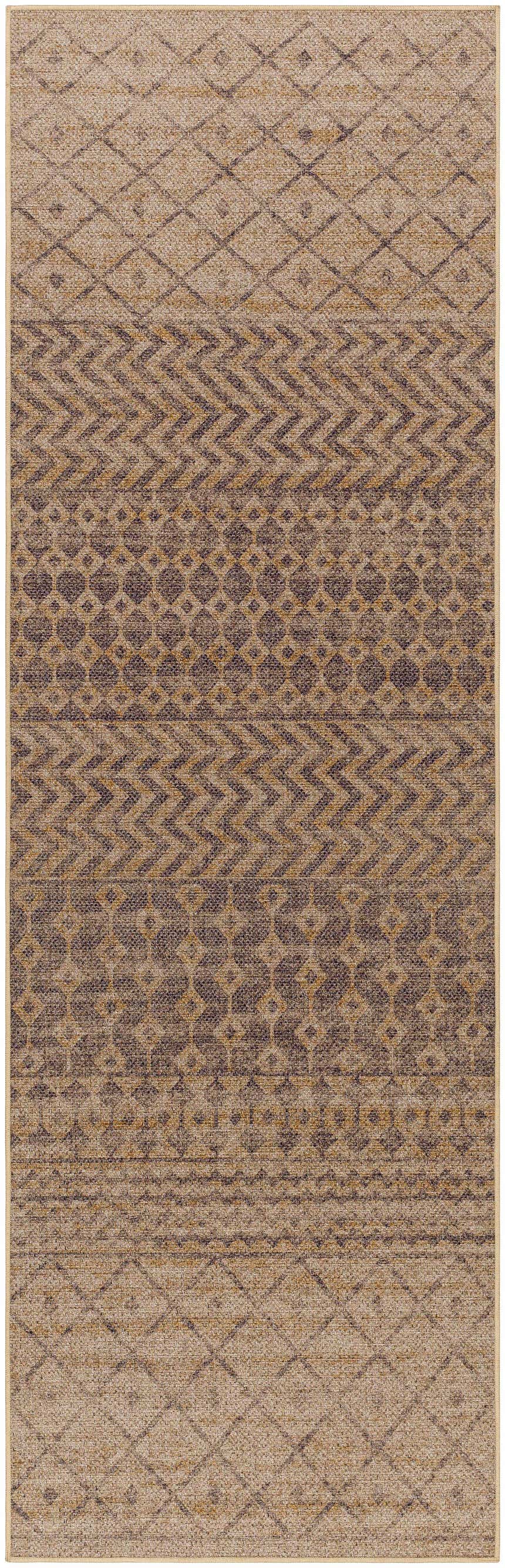 Close-up of Inali Washable Area Rug. Farmhouse style rug in camel, clay, and dark brown with geometric diamond and chevron patterns. Design-Runner-268