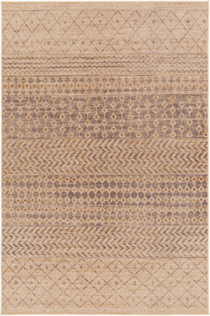 Close-up of the Inali Washable Area Rug. Camel, clay, and brown hues create a geometric, farmhouse-style pattern. Design-Rectangle-58