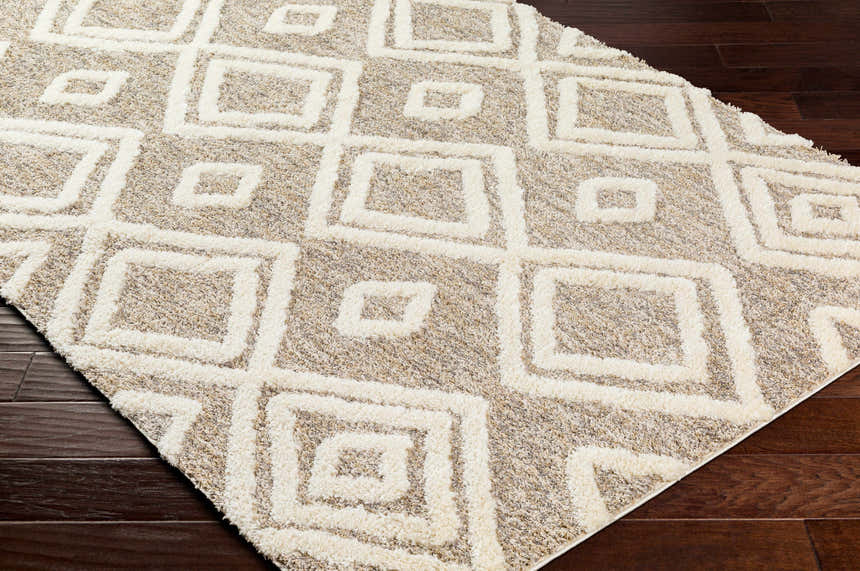 Close-up of the Nima Area Rug on dark wood floors. Bone and tan shag rug with a geometric square pattern. Corner