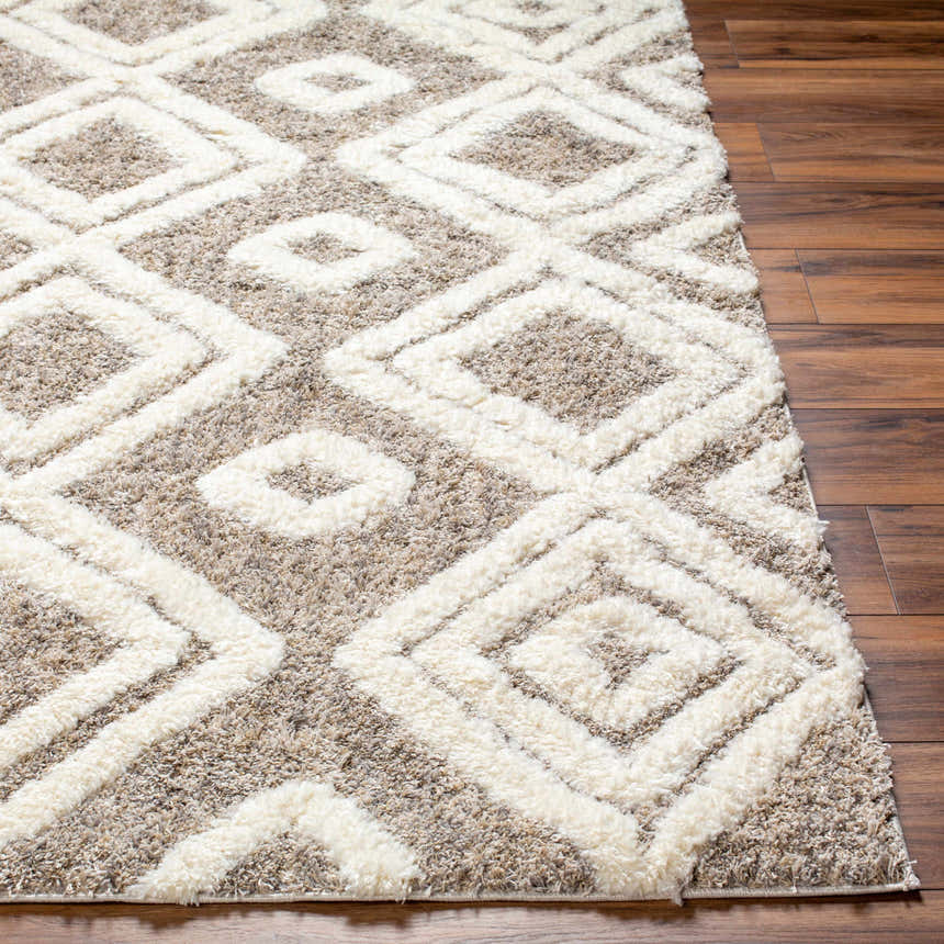 Close-up of the Nima Area Rug showing its bone and cloud gray geometric shag design and soft texture on a wood floor. Front