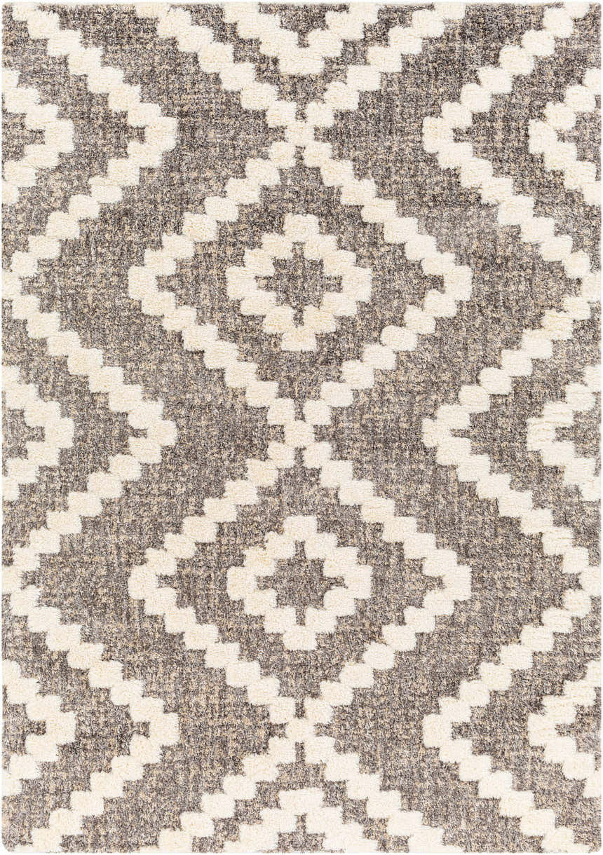 Close-up of the Rian Brown Area Rug showing a geometric diamond pattern in bone and gray shag texture. Design-Rectangle-537